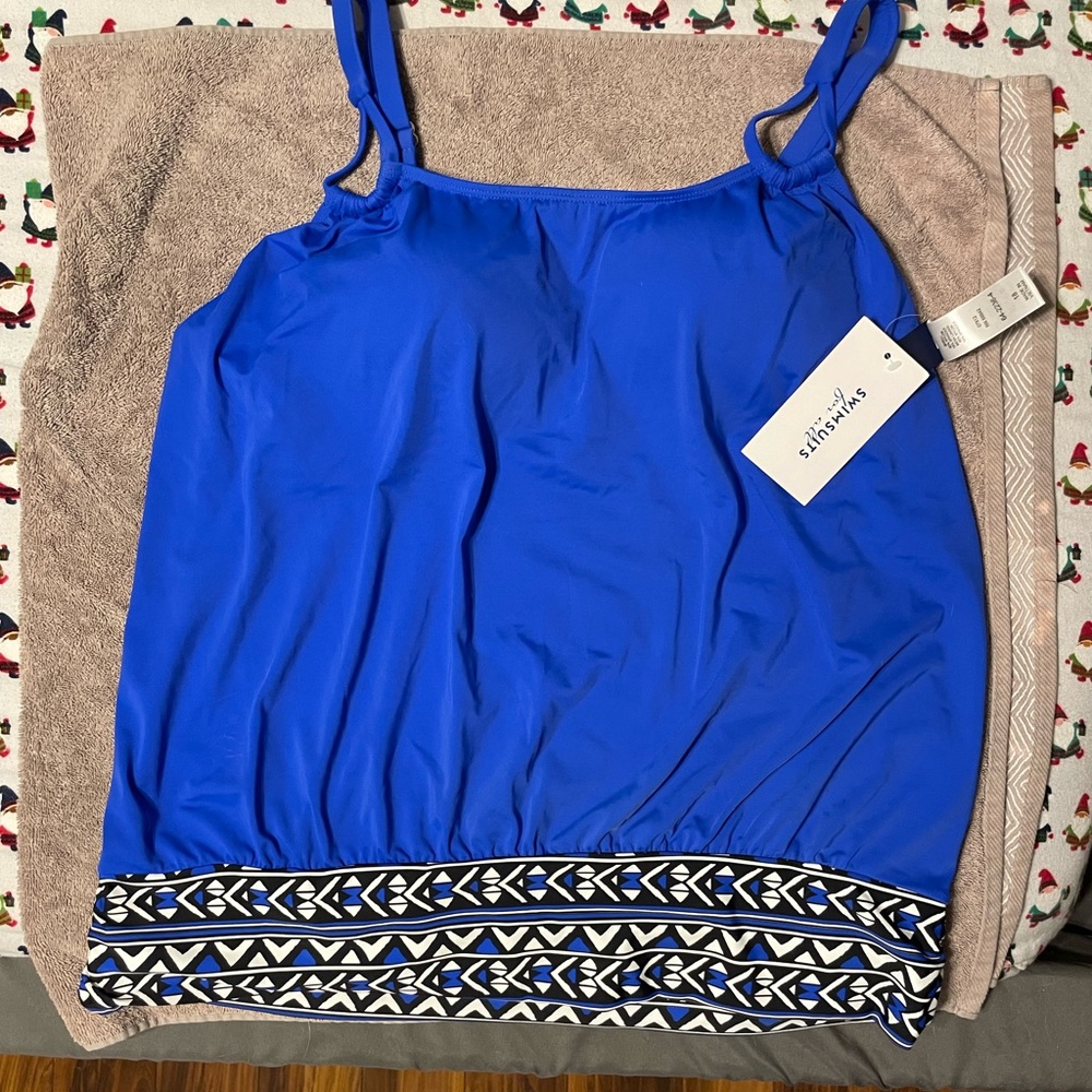 Brand new. NWT. Blue/black tankini w/black shorts. Top: size 18  Shorts size: 20